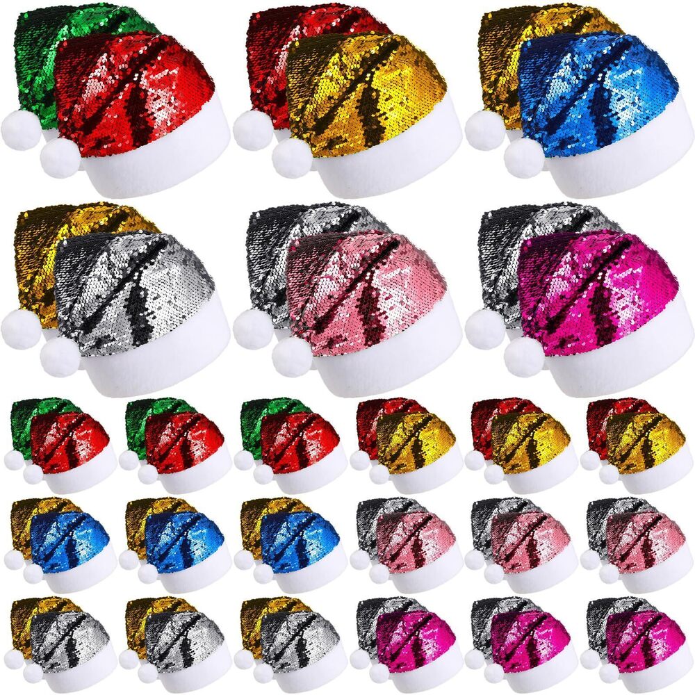 2291 24 Pcs Santa Hat Reversible Sequin Christmas Hats 's Costume Headwear